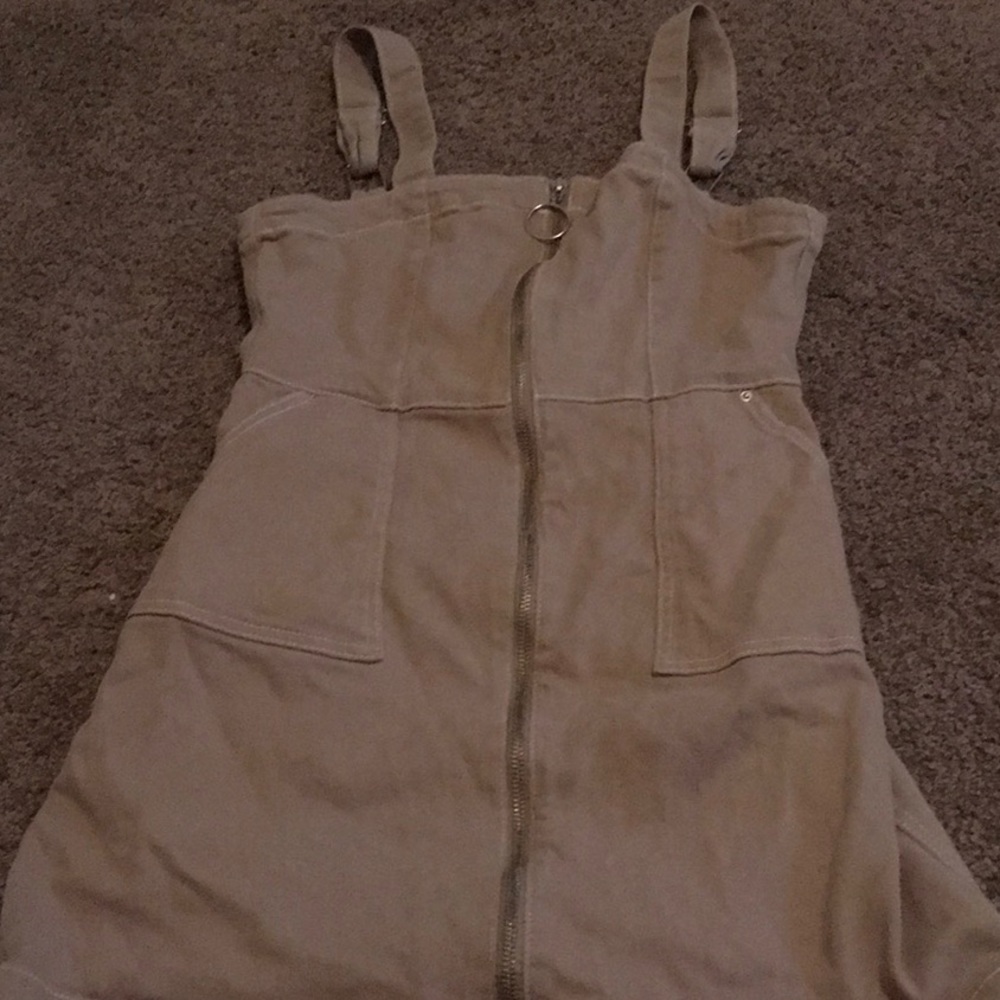 Tan Zip-Up Overall Dress